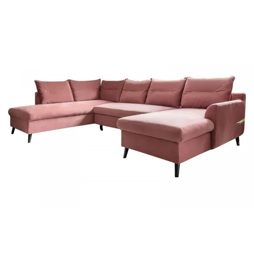 Canapé panoramique XXL convertible coffre BERGAMO antitache Rose poudré Angle gauche occasion reconditionné disponible sur Rakuten
