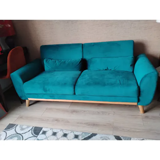 Canapé scandinave 3 places en tissu velours bleu pétrole et bois clair EKTOR, longueur 1m80, profondeur 70 cm, hauteur dossier 77 cm. occasion reconditionné disponible sur Rakuten