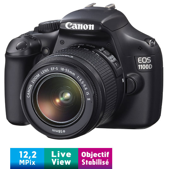 Canon EOS 1100D Noir + Obj. Canon EF-S IS ( stabilisé )18 - 55 mm f/3.5 - 5.6 État correct - 208,05 € Canon EOS 1100D Noir + Obj. Canon EF-S IS ( stabilisé )18 - 55 mm f/3.5 - 5.6 État correct Canon reconditionné disponible sur Fnac