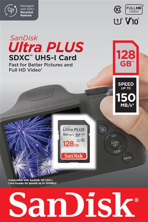 Carte mémoire SD SanDisk Ultra Plus 128GB SDXC 150MB/s Rouge et Gris État correct SanDisk reconditionné disponible sur Fnac | Dero