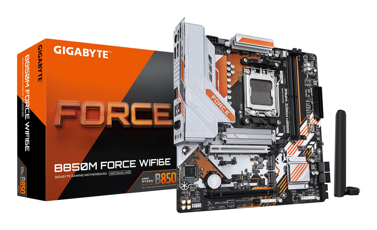 Carte mère Micro ATX GIGABYTE B850M FORCE WIFI6E AM5 DDR5 PCIe 5.0 Wi?Fi 6E 2.5GbE Brun foncé - Excellent état Parfait état Gigabyte reconditionné disponible sur Pixmania