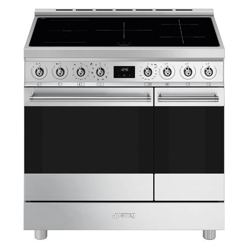 Centre de cuisson ''Sinfonia'', 90 cm, 5 foyers induction dont 1 multizone, Four multifonction chaleur tournante, pyrolyse, 70 litres, afficheur tactile, porte froide, 1 kit rails telescopiques, Petit Four 3 modes de cuisson 35 litres État correct Smeg reconditionné disponible sur Fnac