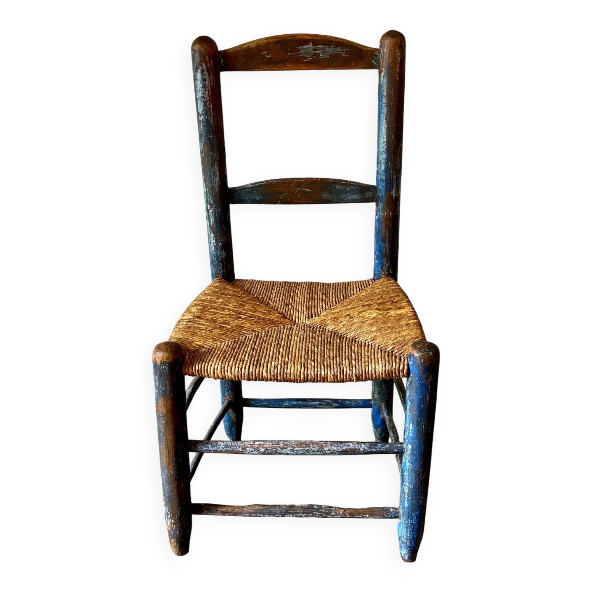 Chaise en bois bleu et paille tressée Bon état reconditionné (offre indisponible)
