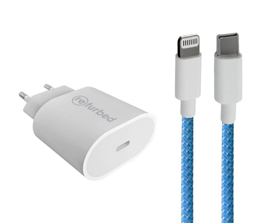 Chargeur rapide (20W) & câble tressé (Lightning) blanc/bleu Parfait état - 29,99 € Chargeur rapide (20W) & câble tressé (Lightning) blanc/bleu Parfait état reconditionné disponible sur Refurbed | Dero