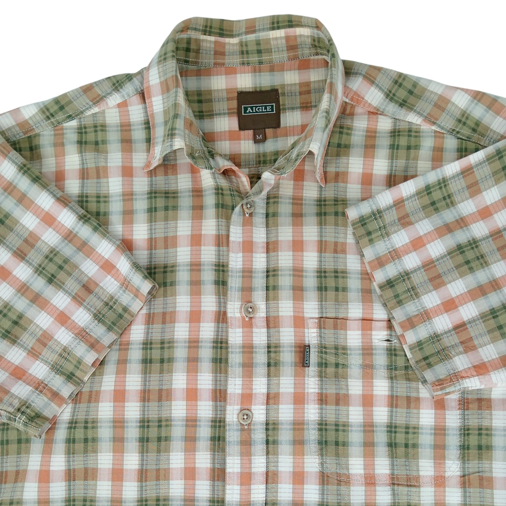 Voir photo 3 de Chemise - homme -marque Aigle - manches courtes - couleur marron citrouille et vert - taille M (40) Chemise - homme -marque Aigle - manches courtes - couleur marron citrouille et vert - taille M (40) Très bon état reconditionné photo 3