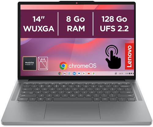 Chromebook Lenovo 14M8911 14" Ecran tactile MediaTek Kompanio 8 Go RAM 128 Go SSD Noir et Gris État correct Lenovo reconditionné disponible sur Fnac