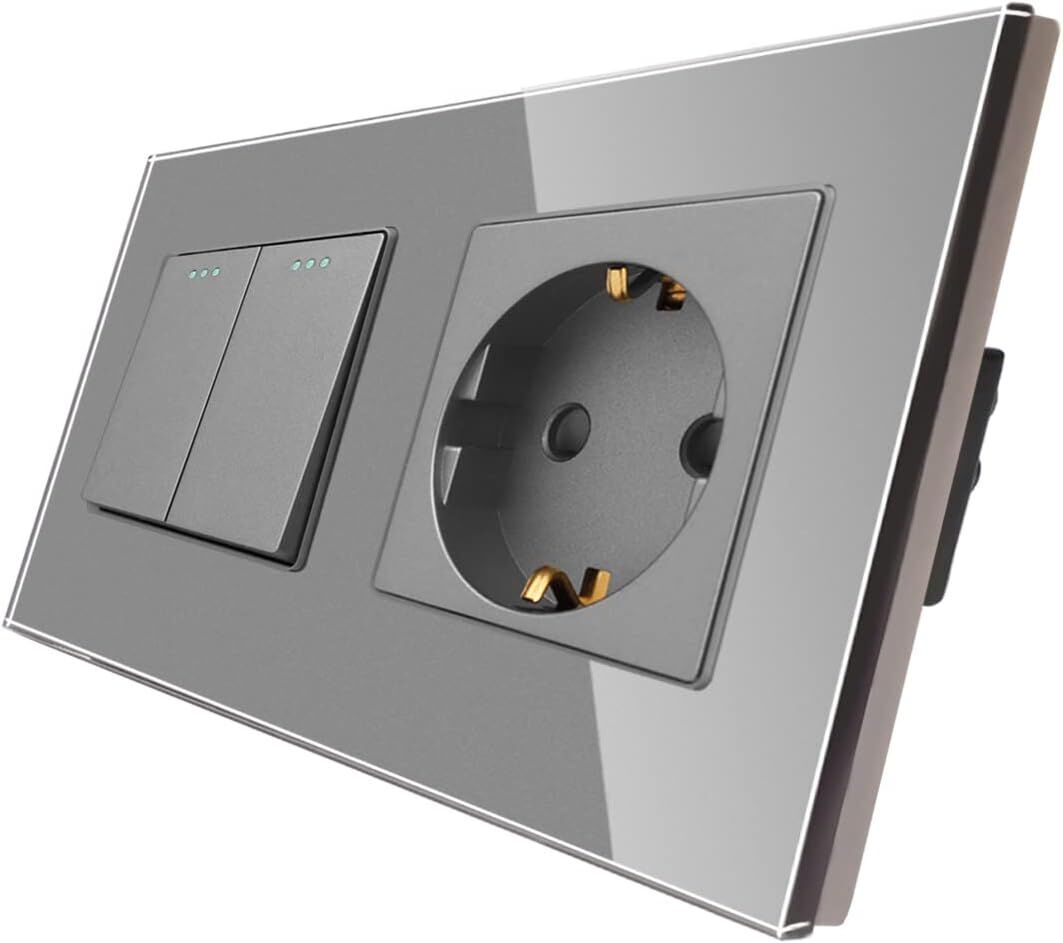 CNBINGO M1-P104 + M1-P111 interrupteur à bascule 2 voies avec prise simple Schuko gris Très bon état reconditionné disponible sur Refurbed | Dero