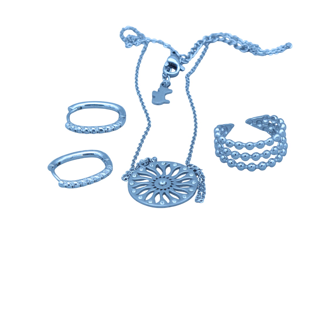 Collier Agatha en acier et bague et boucles d'oreille Bon état - 22,00 € Collier Agatha en acier et bague et boucles d'oreille Bon état reconditionné disponible sur Label Emmaüs