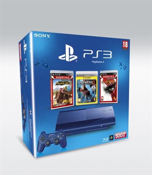 Console PS3 Bleue Ultra Slim 500 Go Sony + MotorStorm Pacific Rift Essentials + Uncharted 2 Platinum + God of War 3 Essentials – Console Playstation 3 bleue Ultra slim Sony État correct Sony reconditionné disponible sur Fnac