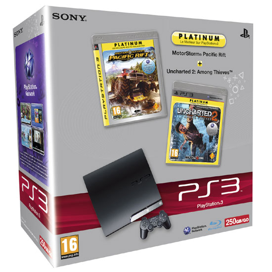 Console PS3 Slim 250 Go Sony + Uncharted 2 Platinum + MotorStorm Pacific Rift Platinum - Console PlayStation 3 Sony. Pack Exclusif Fnac État correct Sony reconditionné disponible sur Fnac