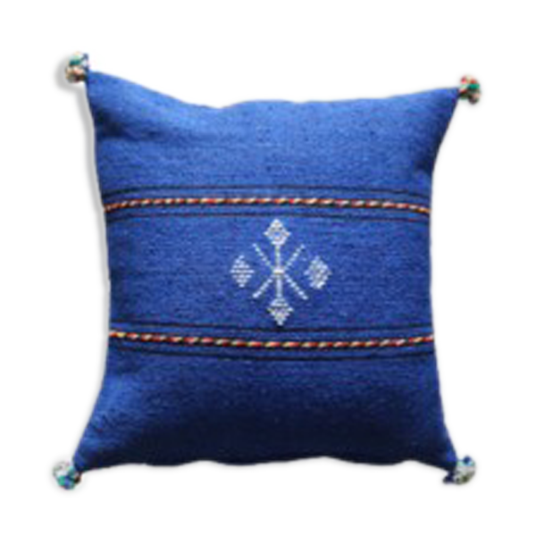 Coussin marocain berbère bleu en coton Bon état reconditionné (offre indisponible)