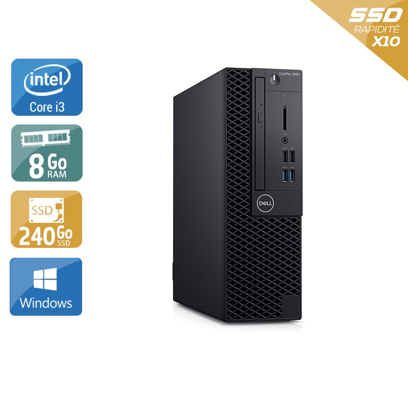 Dell Optiplex 3060 SFF i3 Gen 8 - 8Go RAM 240Go SSD Windows 10 Bon étatOccasion certifiée reconditionnée Bon état - 229,00 € Dell Optiplex 3060 SFF i3 Gen 8 - 8Go RAM 240Go SSD Windows 10 Bon étatOccasion certifiée reconditionnée Bon état reconditionné disponible sur Kiatoo | Dero