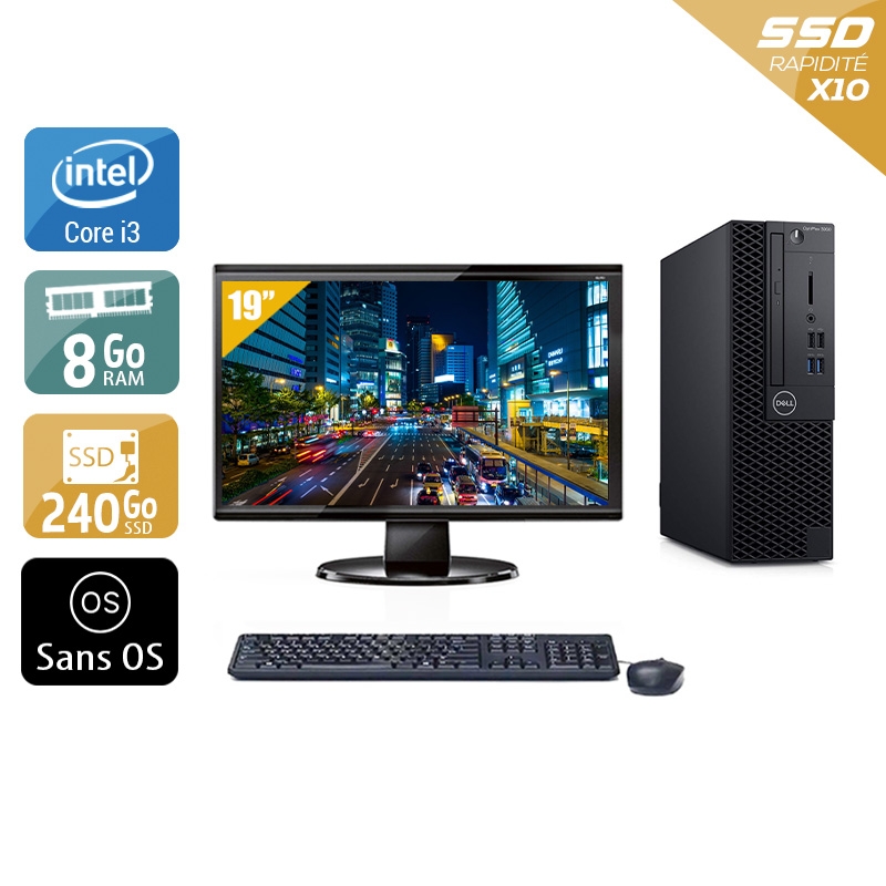 Dell Optiplex 3060 SFF i3 Gen 8 + Écran - 19'' 8Go RAM 240Go SSD Sans OS Bon étatOccasion certifiée reconditionnée Bon état reconditionné disponible sur Kiatoo | Dero