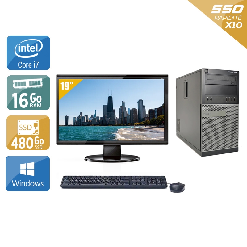 Dell Optiplex 7010 Tower i7 + Écran - 19'' 16Go RAM 480Go SSD Windows 10 Bon étatOccasion certifiée reconditionnée Bon état reconditionné disponible sur Kiatoo