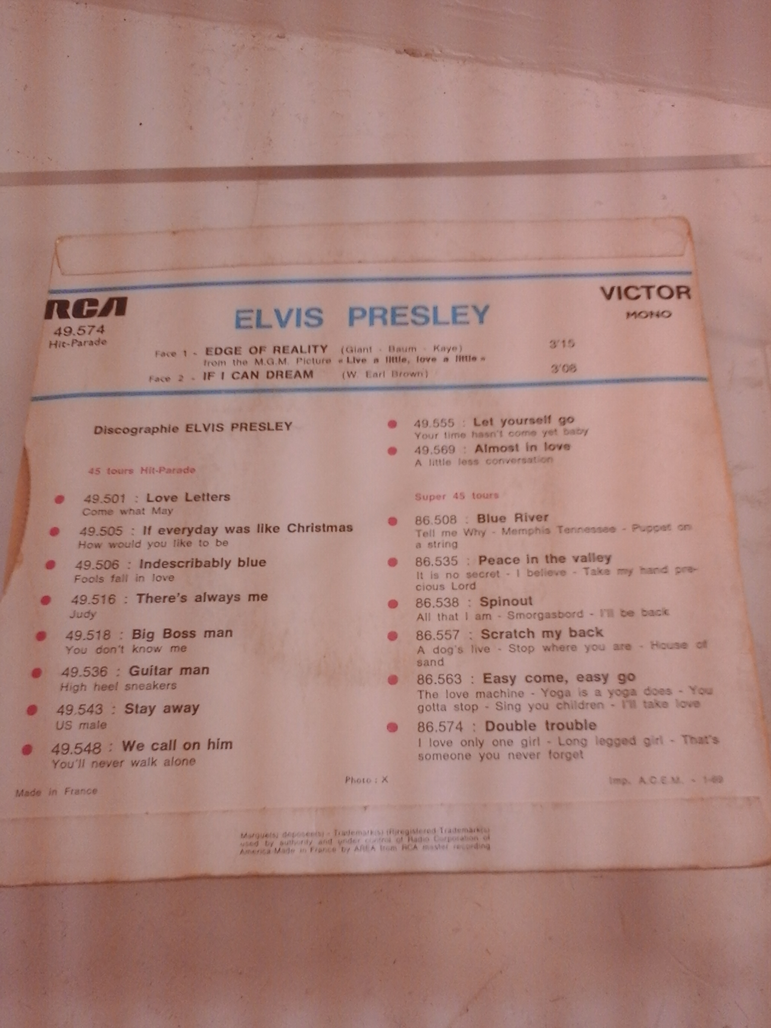Voir photo 2 de Disque 45T Elvis Presley 45T - ELVIS PRESLEY-If I Can Dream-Picture Sleeve Only-RCA VICTOR #47-9670-Rockabilly Disque 45T Elvis Presley 45T - ELVIS PRESLEY-If I Can Dream-Picture Sleeve Only-RCA VICTOR #47-9670-Rockabilly Bon état reconditionné photo 2