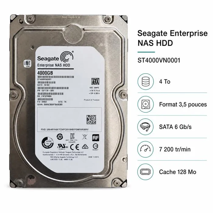 Disque dur interne Seagate Enterprise NAS HDD 4 To 35 pouces SATA 6 Gb/s ST4000VN0001 Reconditionné Seagate reconditionné disponible sur Cdiscount Seconde Vie
