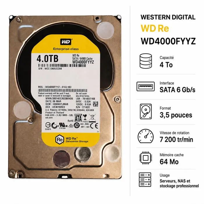 Disque dur interne Western Digital WD Re 4 To 35 pouces SATA 6 Gb/s WD4000FYYZ Reconditionné Western Digital reconditionné disponible sur Cdiscount Seconde Vie