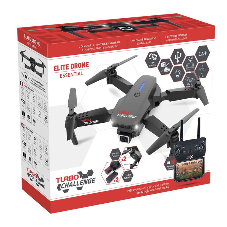 Drone pliable Turbo Challenge Elite Drone Essential G10271 2 caméras 2 batteries Wi?Fi Noir - Excellent état Parfait état N/A reconditionné disponible sur Pixmania