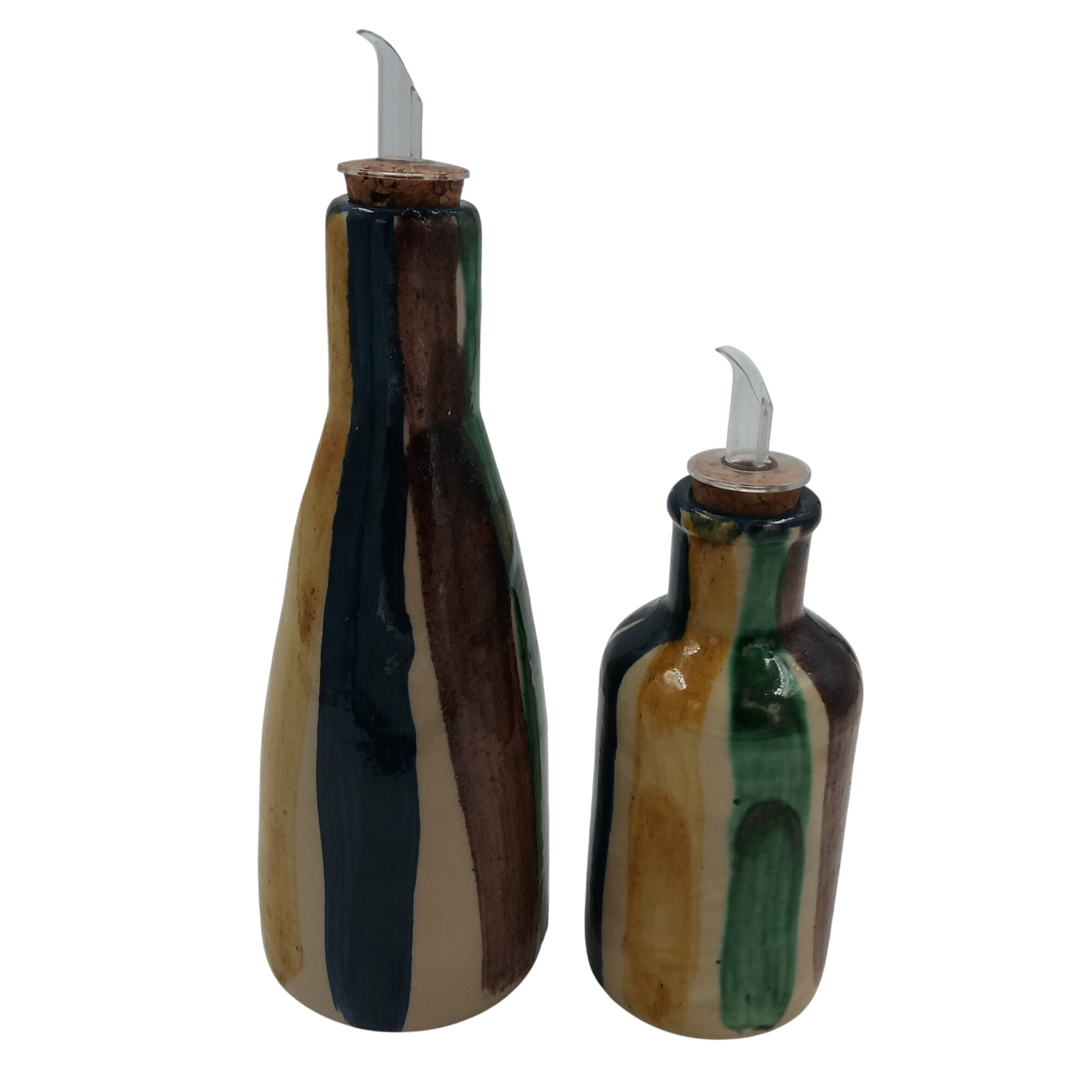 Duo d’huilier et vinaigrier. En céramique vernissé artisanale. Bouchon verseur en verre + liège. Rayé multicolore. Très bon état - alternatives disponibles sur Dero Duo d’huilier et vinaigrier. En céramique vernissé artisanale. Bouchon verseur en verre + liège. Rayé multicolore. Très bon état reconditionné (offre indisponible)