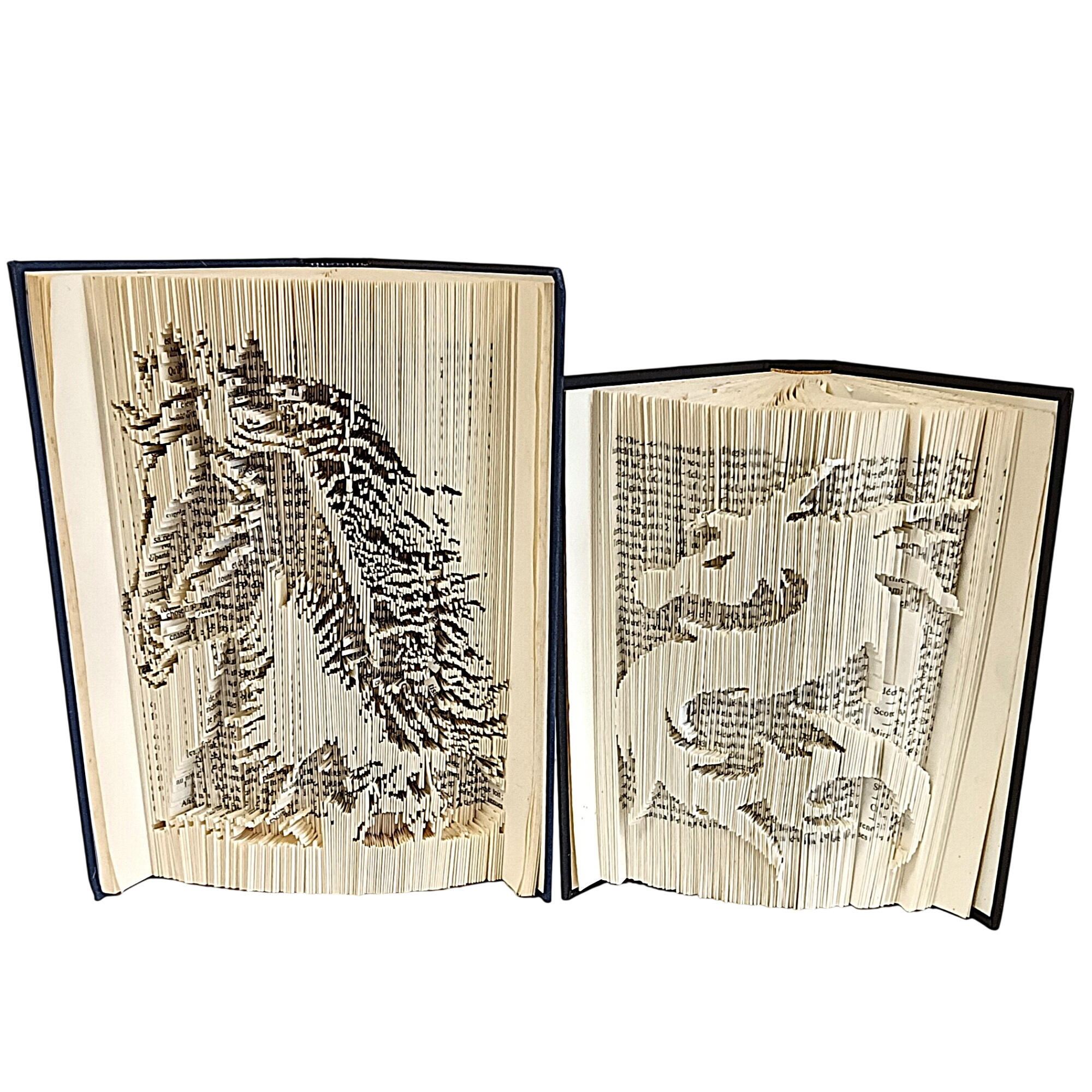 Duo de livres pliés artistiques – Tête de cheval et dragon, sculptures décoratives en papier Bon état - 29,50 € Duo de livres pliés artistiques – Tête de cheval et dragon, sculptures décoratives en papier Bon état reconditionné disponible sur Label Emmaüs