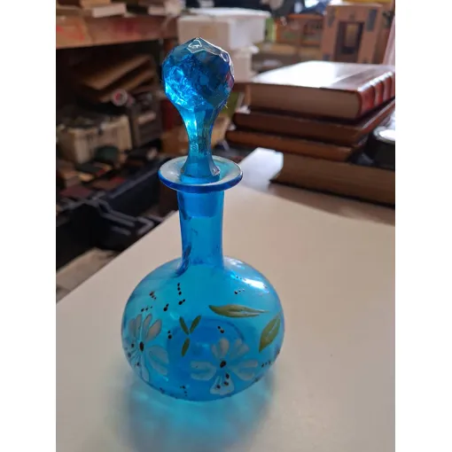 E2:Flacon Ancien En Verre Bleu Emaille Floral Avec Bouchon 16 Cm occasion reconditionné disponible sur Rakuten