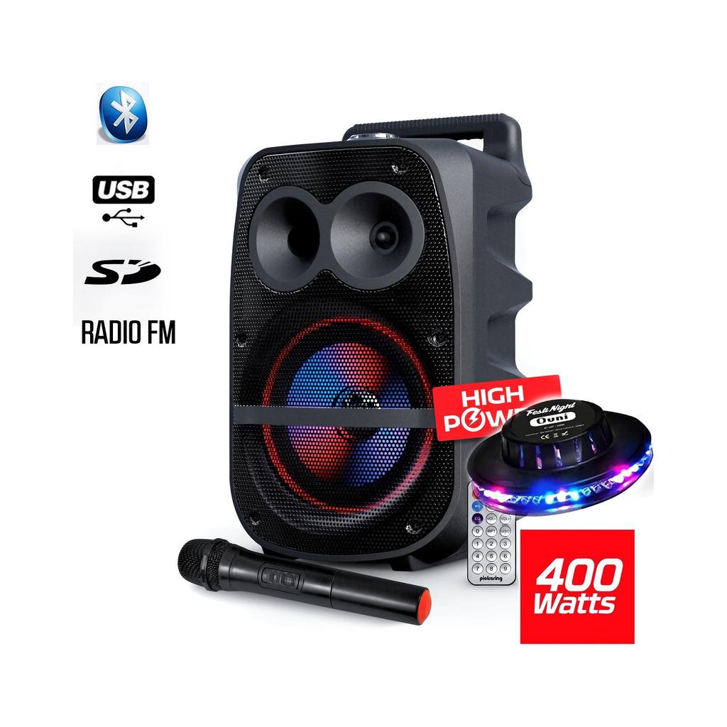 Enceintes sono Enceinte Mobile High Power autonome à LED RVB 400W 8" - USB/SD/BT/FM + Micro VHF - Pickering FX08 + Jeu UFO Ovni Reconditionné N/A reconditionné disponible sur Backmarket