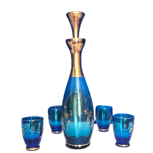 Voir photo 4 de Ensemble carafe et 4 verres en verre bleu émaillé – Style bohème / Murano Ensemble carafe et 4 verres en verre bleu émaillé – Style bohème / Murano Très bon état reconditionné photo 4