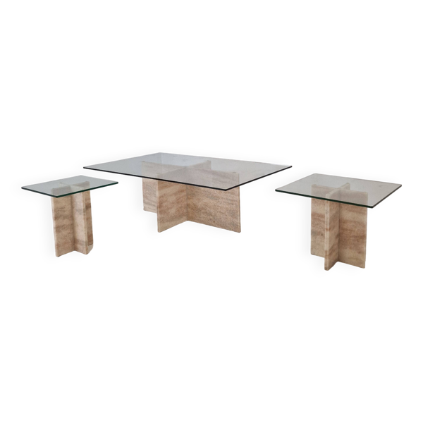 Ensemble de 3 tables basses ou d'appoint en marbre italien avec verre, années 1980 Bon état reconditionné disponible sur Selency