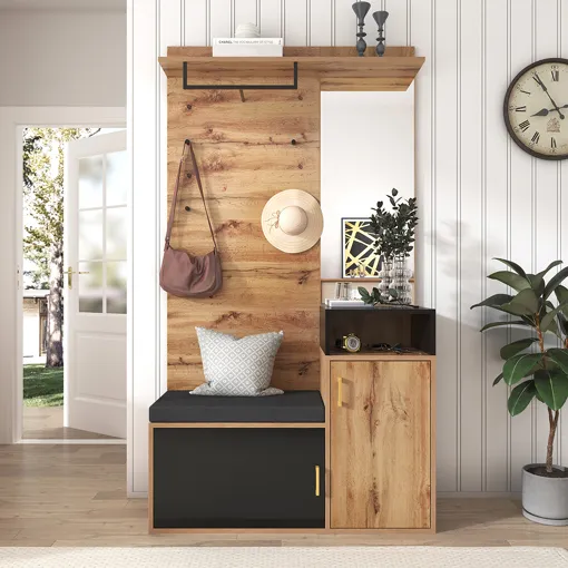 Ensemble de meubles de salon robe avec crochets à 4 niveaux, miroir, armoire à chaussures, armoire murale, treillis de rangement supérieur, banc de garde - robe de couloir Bon état reconditionné disponible sur Rakuten