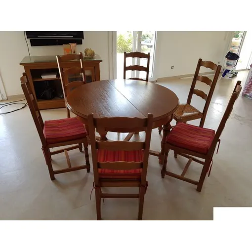 Ensemble Table Ronde Plaquée Chêne + 6 Chaises Hêtre Et Paille Bon état reconditionné disponible sur Rakuten