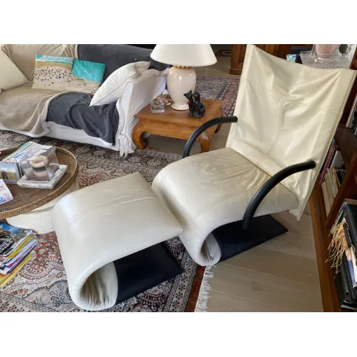 Fauteuil et repose-pieds "ZEN" en cuir drapé blanc Ligne Roset occasion reconditionné disponible sur Rakuten