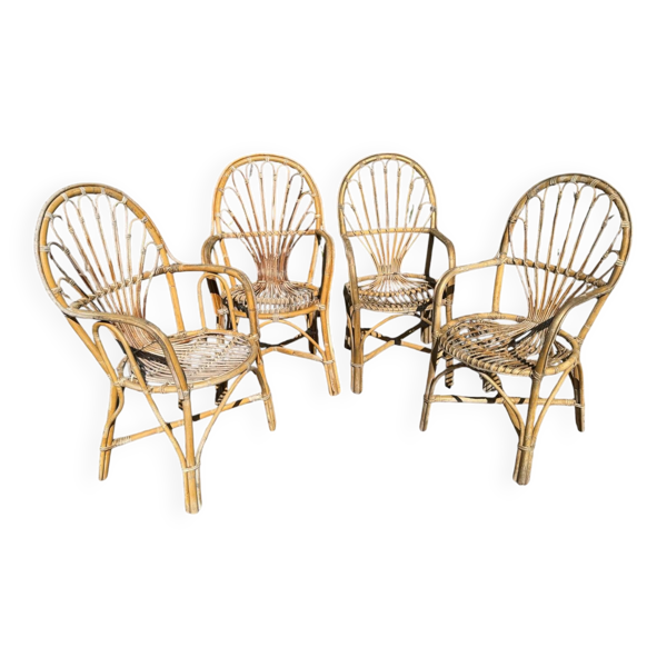 Fauteuils en rotin années 70 France, set de 4 Bon état reconditionné (offre indisponible)