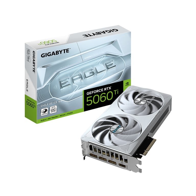 GIGABYTE GeForce RTX 5060 Ti EAGLE OC ICE 16G Carte Graphique – 16 Go GDDR7, 128 bits, PCI-E 5.0, 2617 MHz Fréquence du processeur, 3 x DisplayPort, 1 x HDMI, GV-N506TEAGLEOC ICE-16GD - Excellent état Parfait état Gigabyte reconditionné disponible sur Pixmania