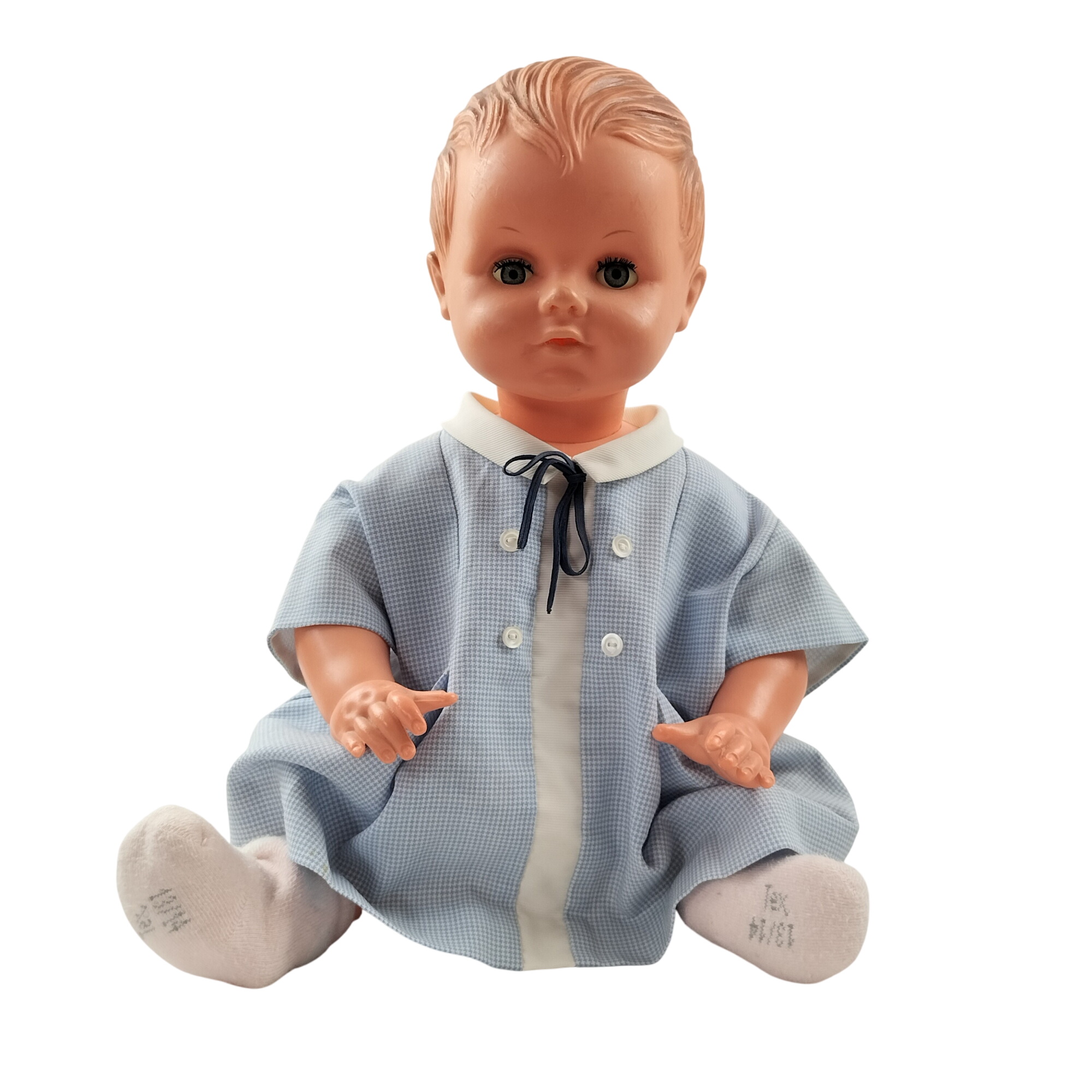 Grand baigneur en Celluloïd 50 cm fille habillée de jolie robe bleue Bon état - 14,50 € Grand baigneur en Celluloïd 50 cm fille habillée de jolie robe bleue Bon état reconditionné disponible sur Label Emmaüs