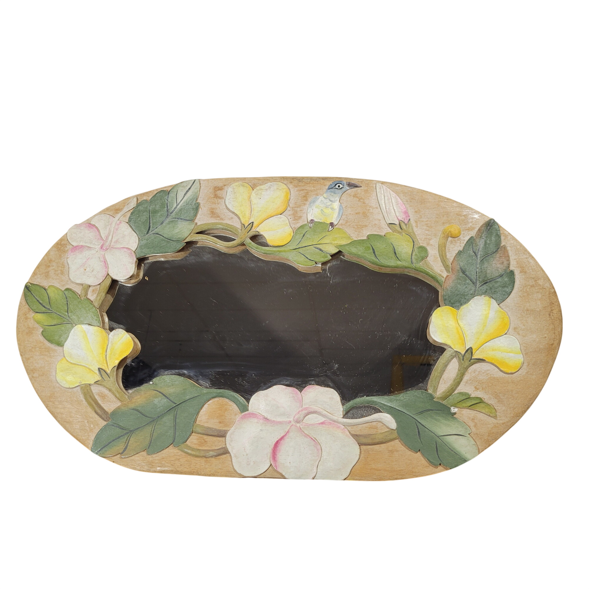 Grand miroir ovale - Cadre de bois peint- Décor d'oiseau et de plantes exotiques (hibiscus) Très bon état - 17,50 € Grand miroir ovale - Cadre de bois peint- Décor d'oiseau et de plantes exotiques (hibiscus) Très bon état reconditionné disponible sur Label Emmaüs