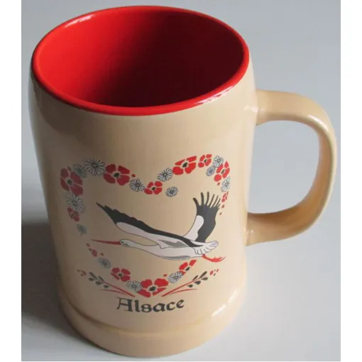 Grand Mug Style Chope- Fond Beige Décoré D'une Cigogne Et De La Mention Alsace- Avec Anse- Intérieur Rouge- Fabrication Française Nem Tours- 13.5x10cm occasion reconditionné disponible sur Rakuten