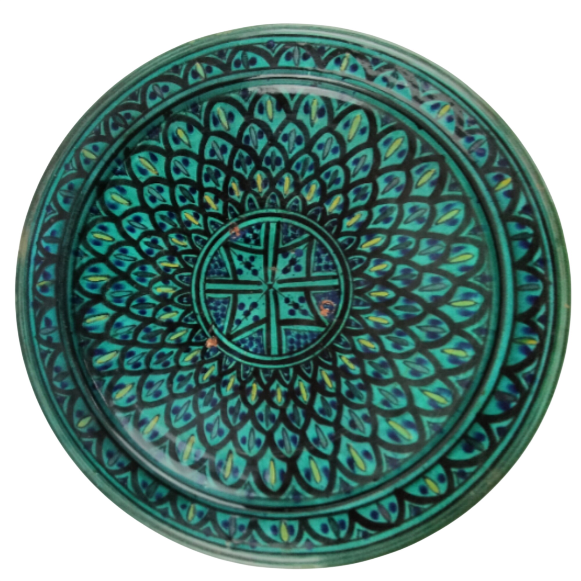 Grand plat creux vintage en céramique émaillée turquoise et bleu paon – esprit bohème années 60/70 Bon état - 39,00 € Grand plat creux vintage en céramique émaillée turquoise et bleu paon – esprit bohème années 60/70 Bon état reconditionné disponible sur Label Emmaüs