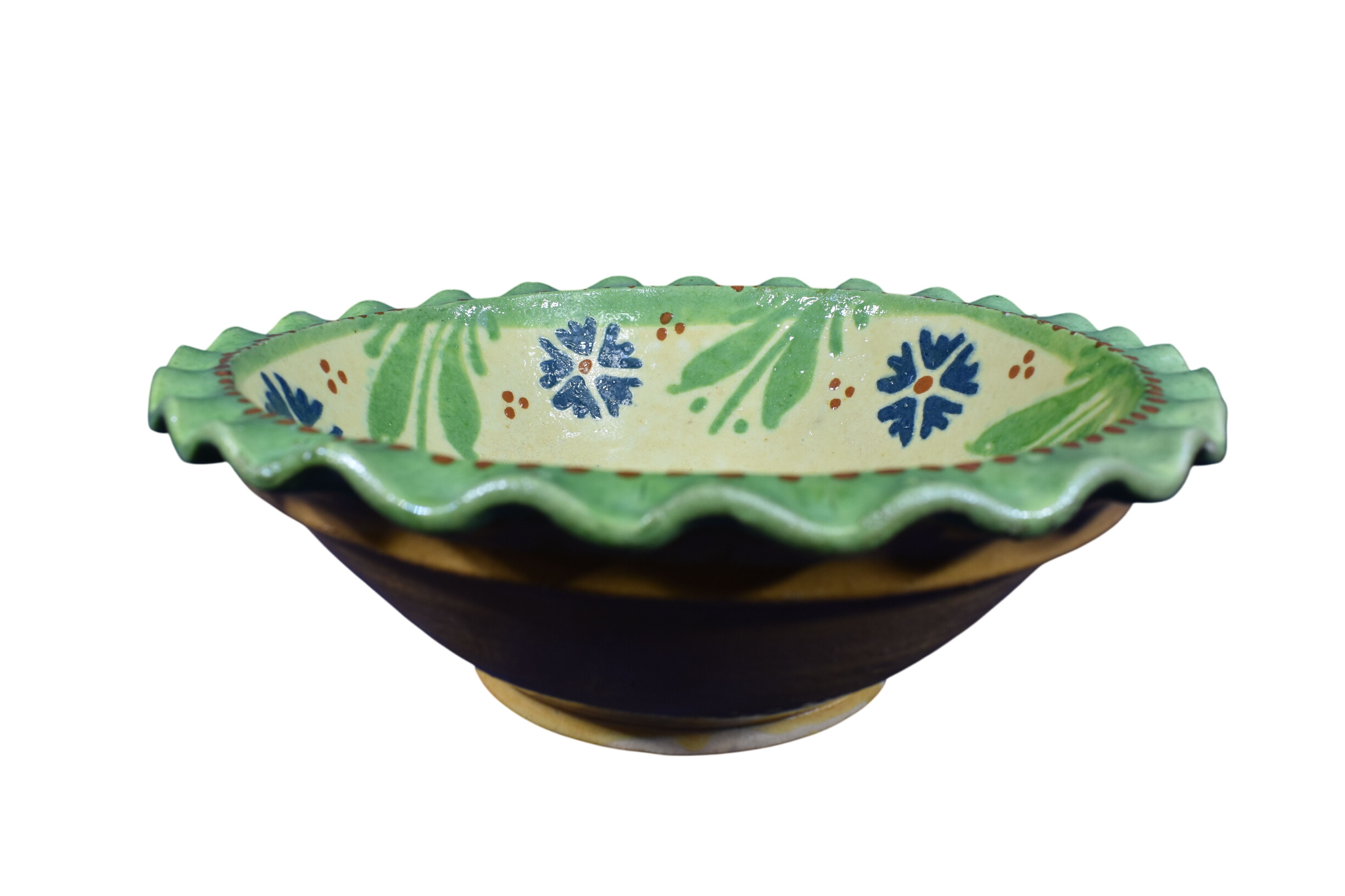 Grande jatte ou saladier en céramique artisanale peinte à la main (diam.29.5, haut. 10.5 cm), décor floral stylisé. Bon état - alternatives disponibles sur Dero Grande jatte ou saladier en céramique artisanale peinte à la main (diam.29.5, haut. 10.5 cm), décor floral stylisé. Bon état reconditionné (offre indisponible)