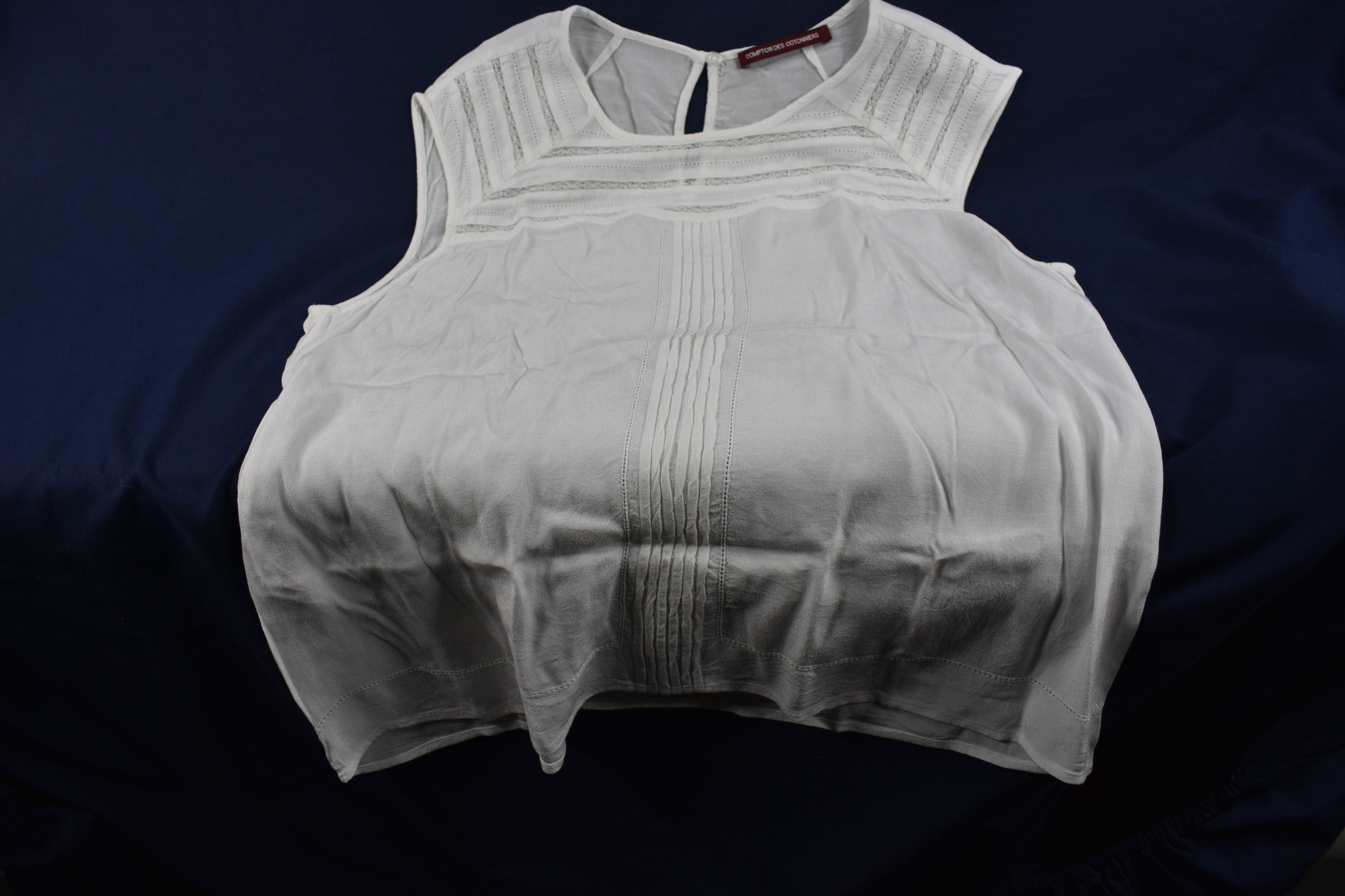 Voir photo 2 de Haut sans manches blanc Comptoir des Cotonniers en viscose, taille 44, encolure et devant ornés de plis et entre deux Haut sans manches blanc Comptoir des Cotonniers en viscose, taille 44, encolure et devant ornés de plis et entre deux Bon état reconditionné photo 2
