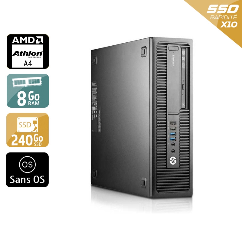 HP EliteDesk 705 G1 SFF AMD A4 - 8Go RAM 240Go SSD Sans OS Très bon étatOccasion certifiée reconditionnée Bon état reconditionné disponible sur Kiatoo