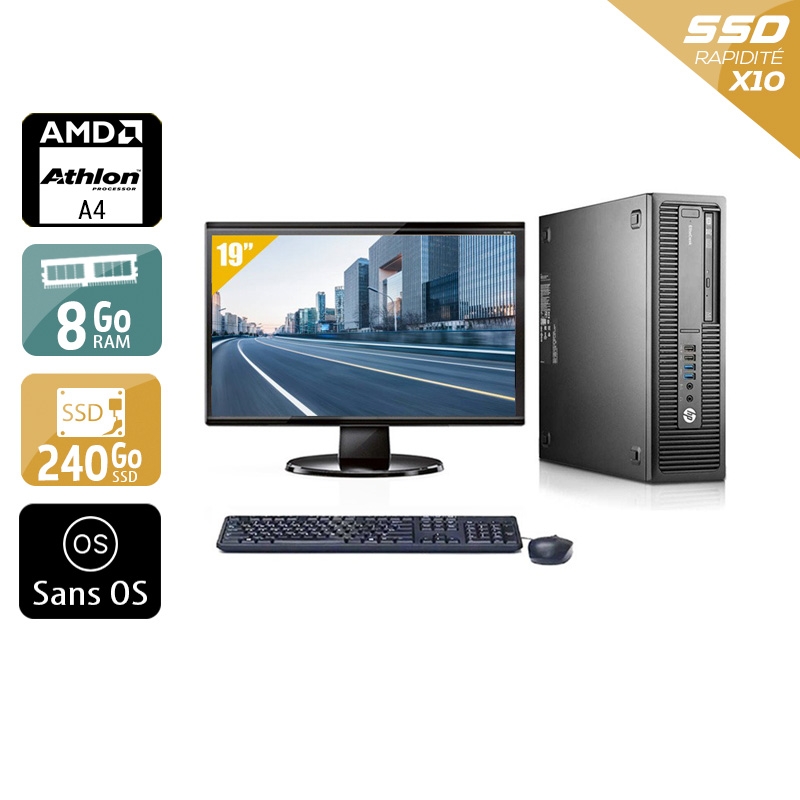 HP EliteDesk 705 G1 SFF AMD A4 + Écran - 19'' 8Go RAM 240Go SSD Sans OS Très bon étatOccasion certifiée reconditionnée Bon état reconditionné disponible sur Kiatoo