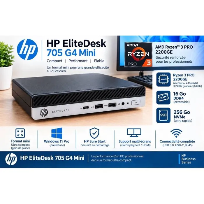 HP EliteDesk 705 G4 Mini Pc AMD Ryzen 3 Pro 16Go 256Go SSD Windows 11 Pro - WiFi Reconditionné - 149,00 € HP EliteDesk 705 G4 Mini Pc AMD Ryzen 3 Pro 16Go 256Go SSD Windows 11 Pro - WiFi Reconditionné Hewlett-Packard reconditionné disponible sur Cdiscount Seconde Vie