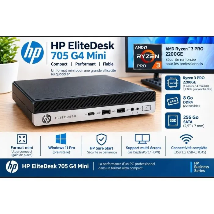 HP EliteDesk 705 G4 Mini Pc AMD Ryzen 3 Pro 8Go 256Go SSD Windows 11 Pro - WiFi Reconditionné - 139,00 € HP EliteDesk 705 G4 Mini Pc AMD Ryzen 3 Pro 8Go 256Go SSD Windows 11 Pro - WiFi Reconditionné Hewlett-Packard reconditionné disponible sur Cdiscount Seconde Vie