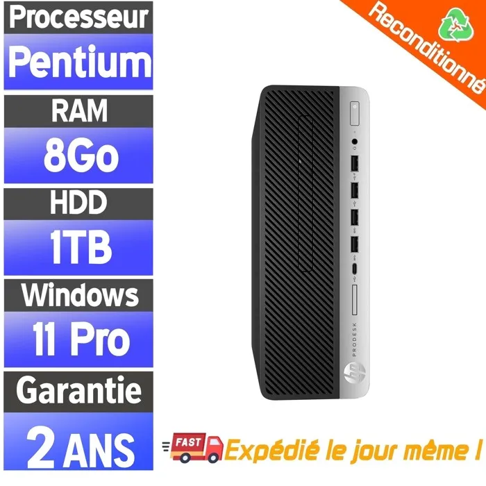 HP ProDesk 600 G3 SFF - Pentium G4400 - 8Go RAM - HDD 1To - Windows 11 Pro - PC Reconditionné Reconditionné Hewlett-Packard reconditionné disponible sur Cdiscount Seconde Vie