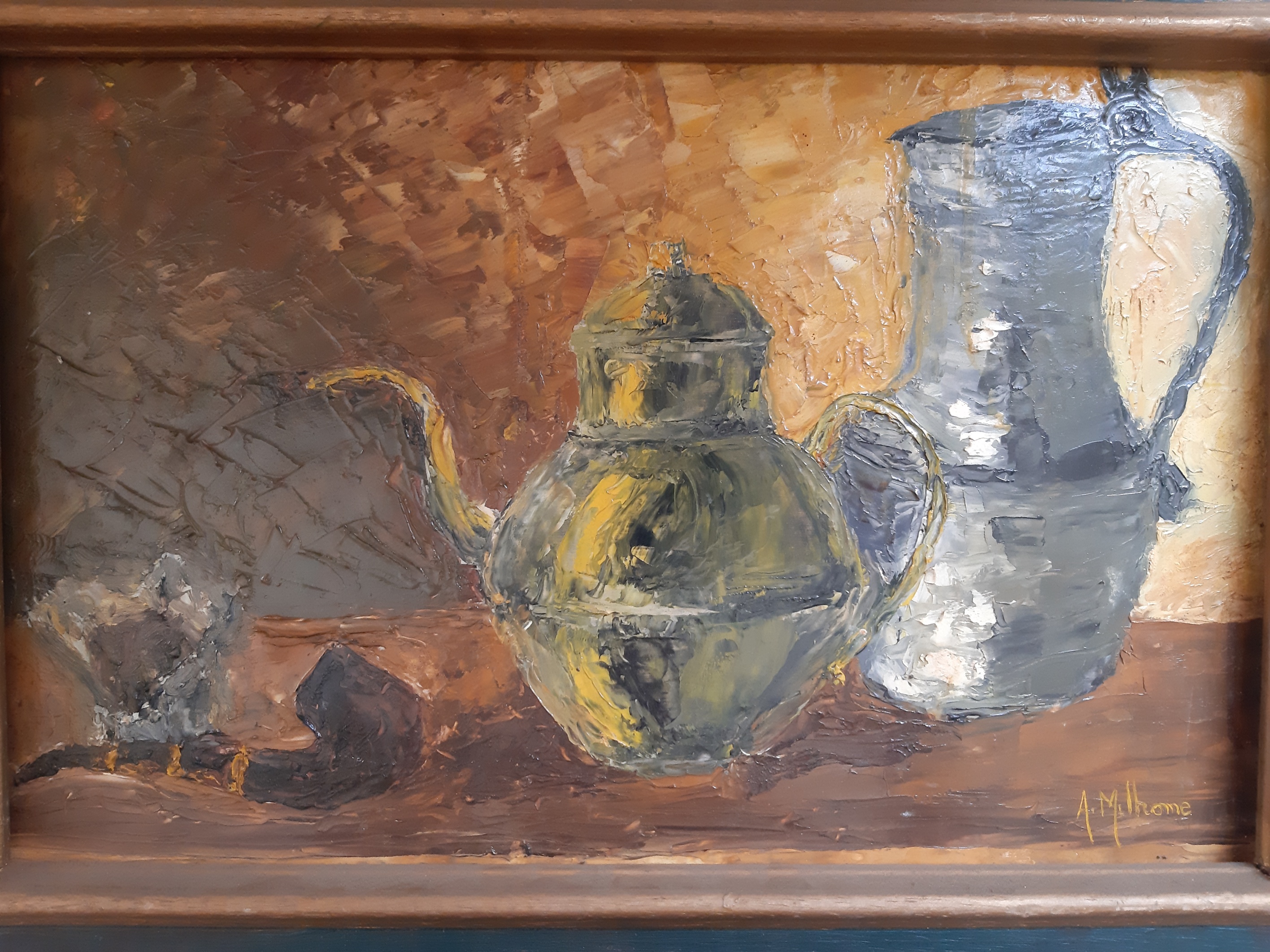 Voir photo 3 de Huile sur panneau ancienne, Nature morte, signée, sur cadre en bois peint Huile sur panneau ancienne, Nature morte, signée, sur cadre en bois peint Bon état reconditionné photo 3
