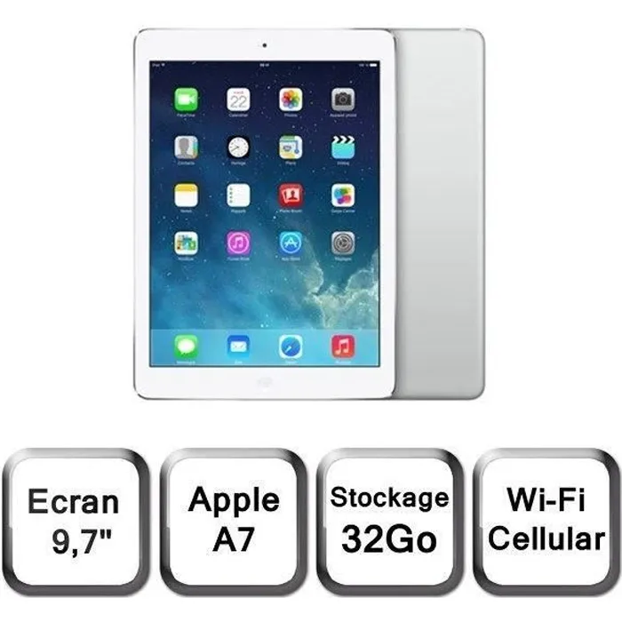 iPad Air Cellular Wi-Fi Argent 32Go (MD795NF/B) Reconditionné - 100,94 € iPad Air Cellular Wi-Fi Argent 32Go (MD795NF/B) Reconditionné Apple reconditionné disponible sur Cdiscount Seconde Vie