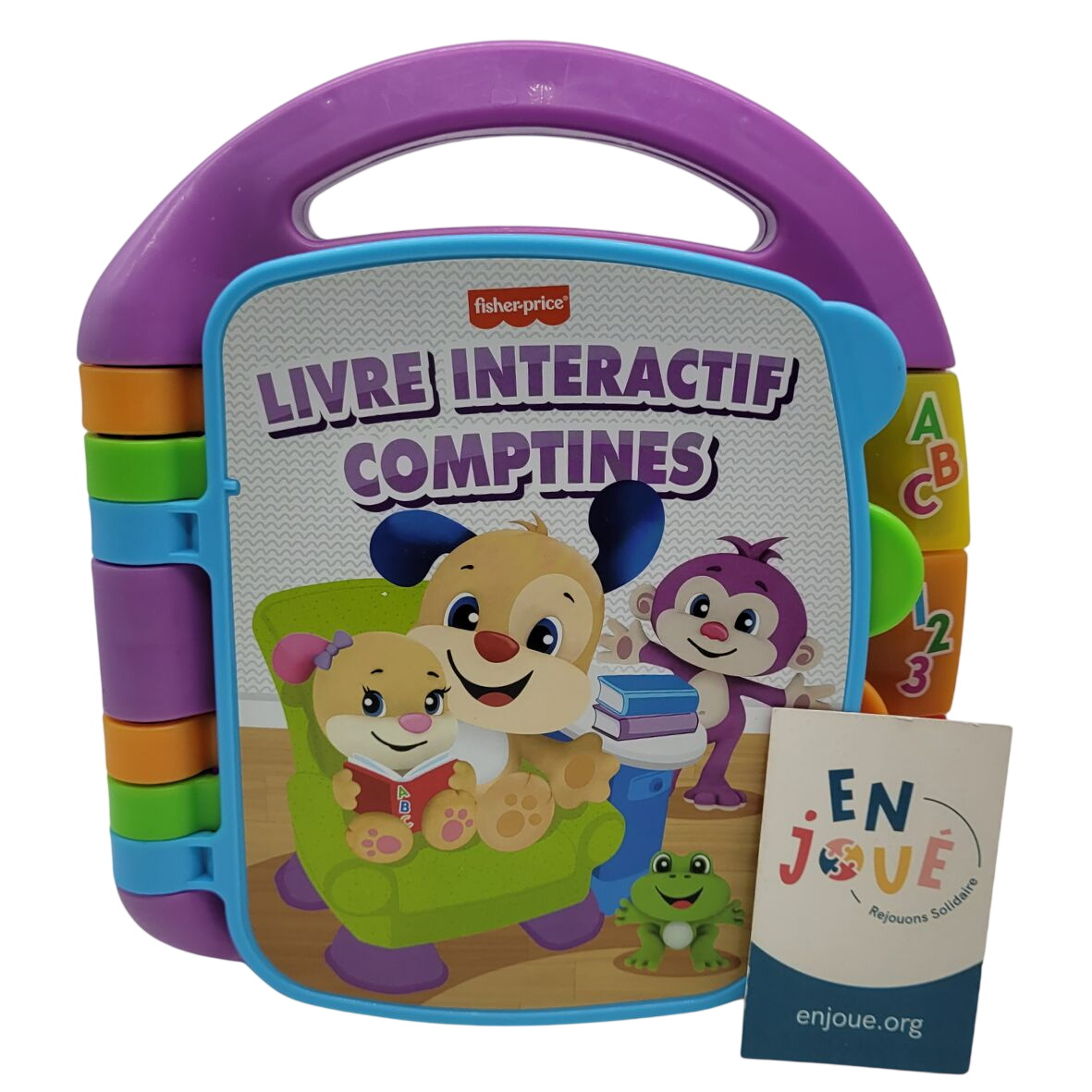 Jouet d’éveil Musical Livre Interactif Comptines Rires et Éveil avec lumières et Musique Fisher Price - Dès 6 mois. Bon état - 10,00 € Jouet d’éveil Musical Livre Interactif Comptines Rires et Éveil avec lumières et Musique Fisher Price - Dès 6 mois. Bon état reconditionné disponible sur Label Emmaüs