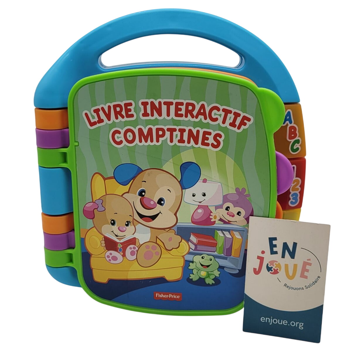 Jouet d’éveil Musical Livre Interactif Comptines Rires et Éveil avec lumières et Musique - Fisher Price - Dès 6 mois. Bon état reconditionné disponible sur Label Emmaüs