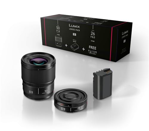 Kit Accessoires Lumix Optique fixe grand angle 26mm S-R26E + Optique fixe Portrait Lumix S 50mm f1.8m S-S50ME + Batterie DMW-BLK22EB pour Lumix S5 et S9 Noir État correct - 389,99 € Kit Accessoires Lumix Optique fixe grand angle 26mm S-R26E + Optique fixe Portrait Lumix S 50mm f1.8m S-S50ME + Batterie DMW-BLK22EB pour Lumix S5 et S9 Noir État correct Panasonic reconditionné disponible sur Fnac