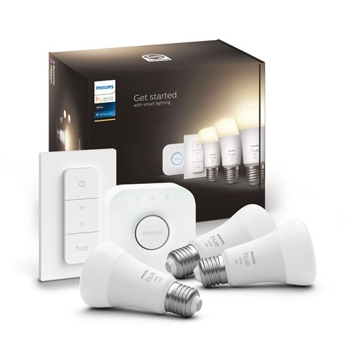 Kit de démarrage Philips Hue White : 3 ampoules E27 + pont + télécommande État correct Philips Hue reconditionné disponible sur Fnac